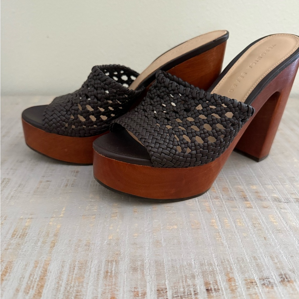 Veronica Beard Black Braided Platform Mules with Brown Wood Block Heel